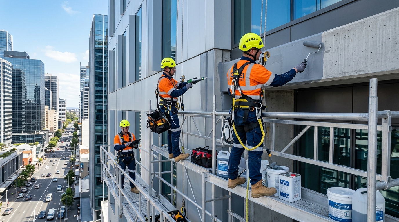Civil Repair Work at Height with Full Safety Equipment
